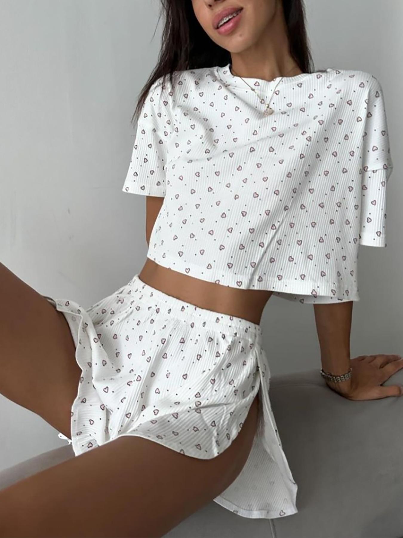 Women's All Over Print/Solid Color Crop Top & High Waist Shorts Loungewear Set, Casual Comfy Round Neck Short Sleeve Top & Shorts Striped Print Pajama Set, Ladies Sleepwear for Summer