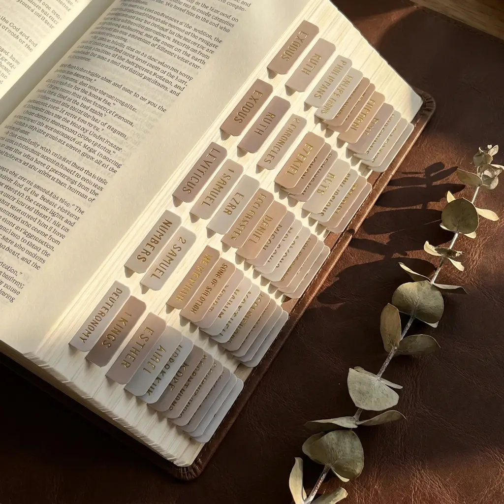 Laminated Bible Index Tabs, Gold Foil Embossed Large Print Bible Study Labels for Women & Men, Bible Journaling Supplies, Khaki