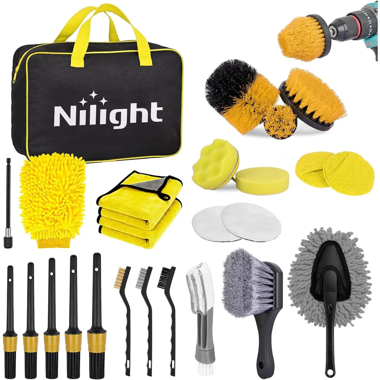 Nilight 27PCS Car Detailing Kit with Trunk-Ready Storage Carry Bag - Car Detailing Supplies, Drill-Driven Scrub, Motorcycle Cleaning, Interior+Exterior Deep Clean Auto Accessories (Windshield, Wheels, Tires), Yellow