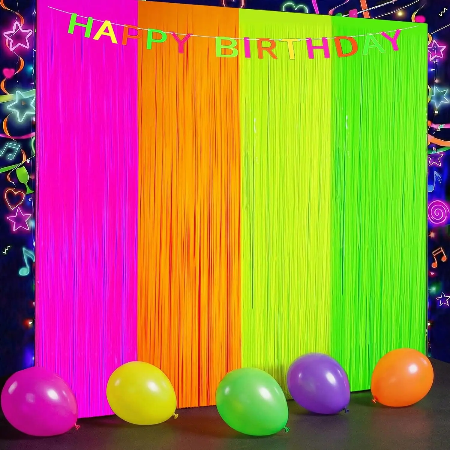 4 count Glow Curtains Party Supplies Neon Party Decorations 6.6 x 3.3 ft Neon Foil Fringe Curtains Backdrop Streamer for Birthday Decor