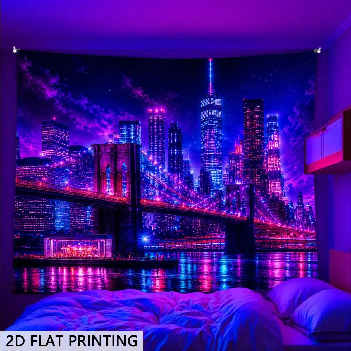 2d Flat, 2d Flat Blacklight Glow in The Dark Tapestry, Neon Night View of The City Bridge Design, Wall Hanging for Bedrooms, Living Rooms, and Offices. Game Room Decor, Festive and Party Decor, College Dorm Decor, 2d Flat