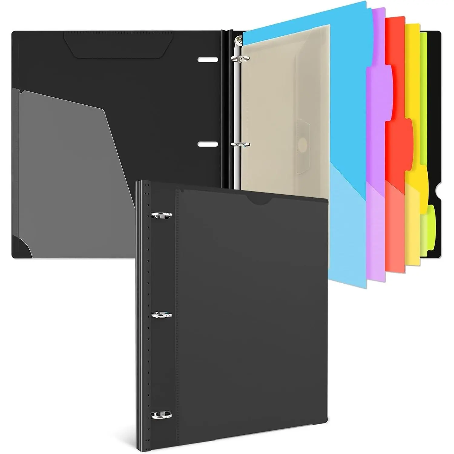 1 Inch 3-Ring Telescoping Project Organizer Binder,13 Pocket, Customizable Front Cover, 5 Colors Pocket Divider and Plastic Binder Pocket, 225 Sheet Capacity-Black