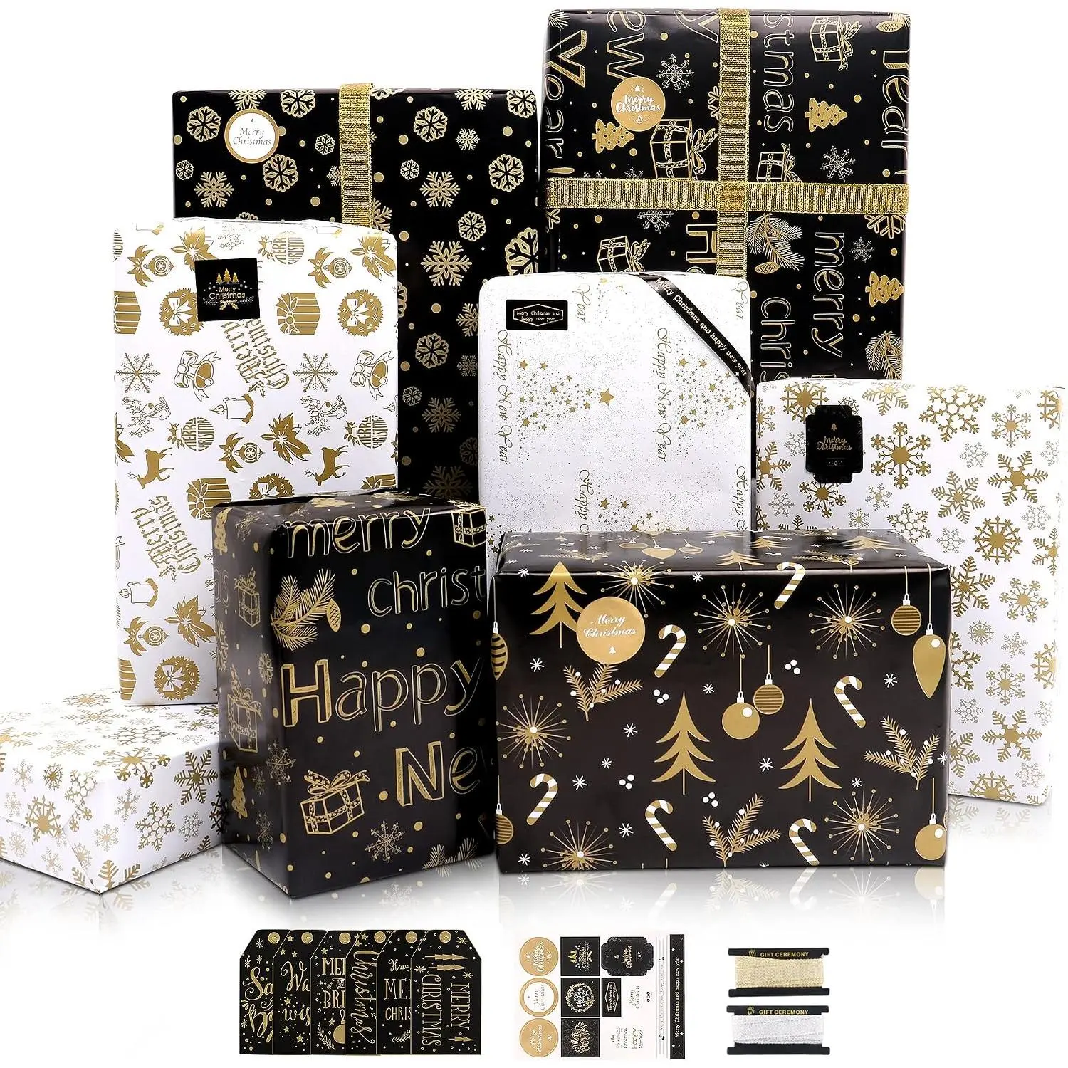 Christmas Wrapping Paper, 6 Sheets Black and   Wrapping Paper Set with Tags Stickers and Ribbon, 6 Designs Snowflake  Christmas Wrapping Paper Bulk for  Boys Girls Man Women 's, 20x28 inches Folded Flat