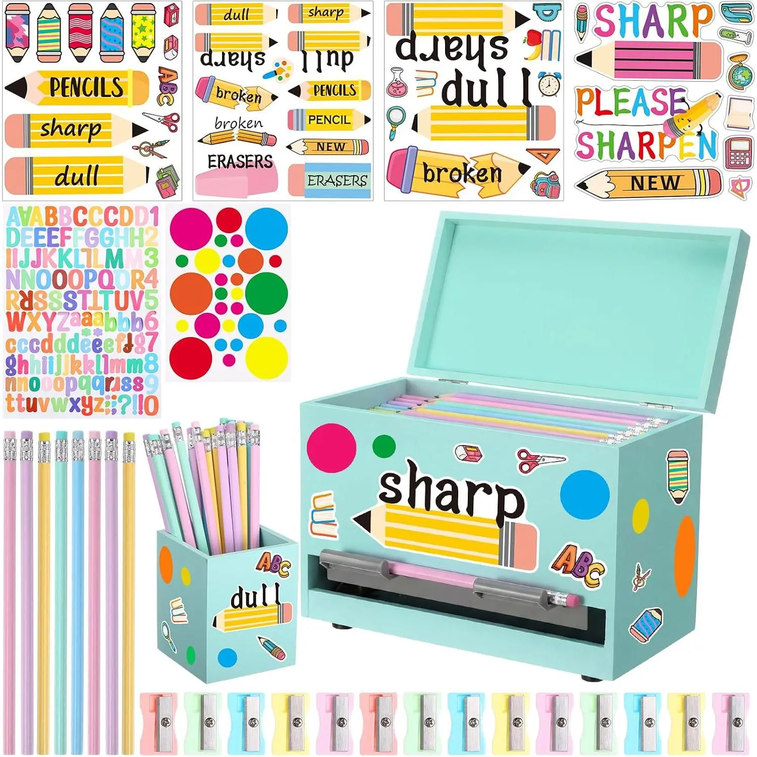 108 count Pencil Dispenser Kit for Classroom Wooden  and Dull Pencil Holder 50 Pencils 50 Sharpener 6 Sticker Classroom Teacher  Have Straw Dispenser for  to School(Light Green)