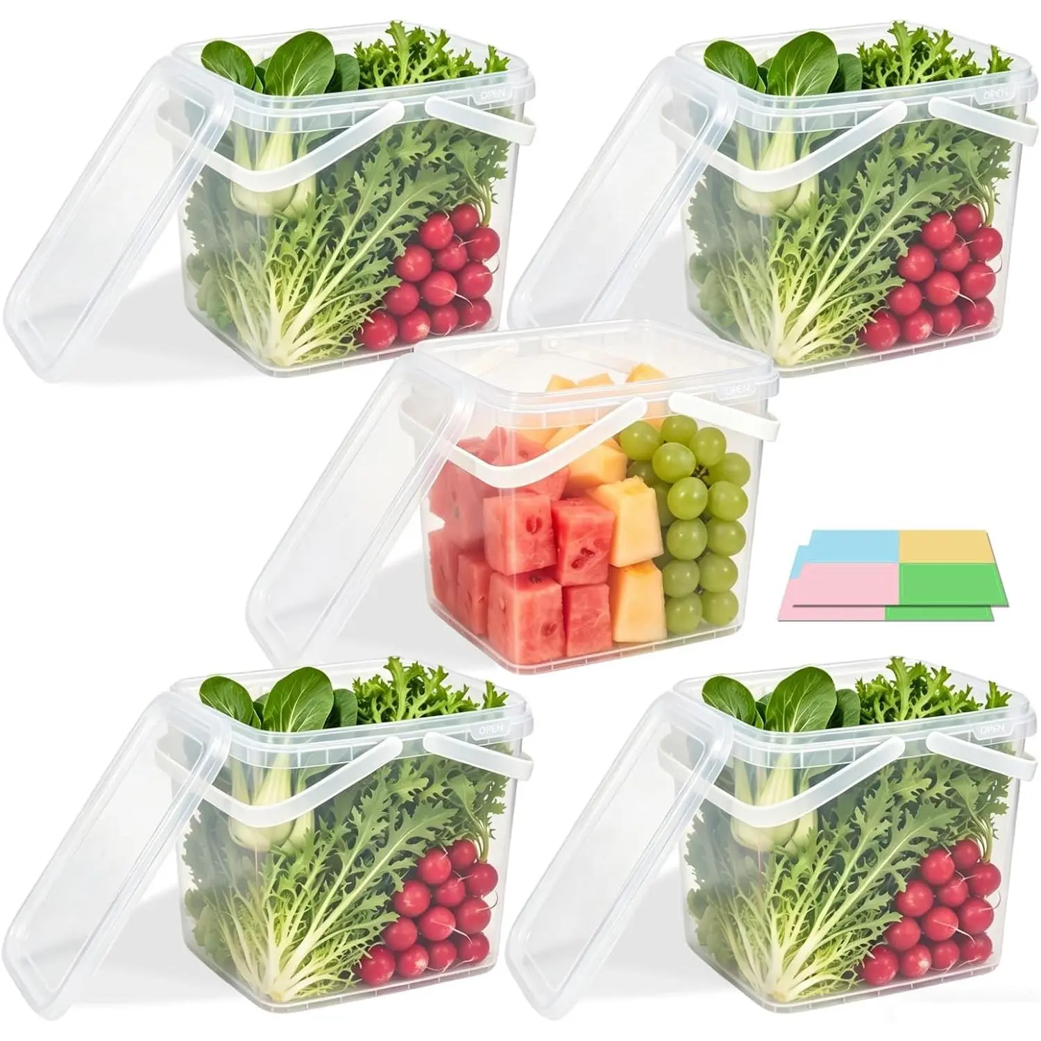 METAPACK 1.3 Gallon 5 Pack Double Handles Square Bucket, Food Grade Plastic Bucket with Lid, Clear Stackable Food Storage Containers Set for Kitchen Organization,Fruit,Cookies,Dry Goods