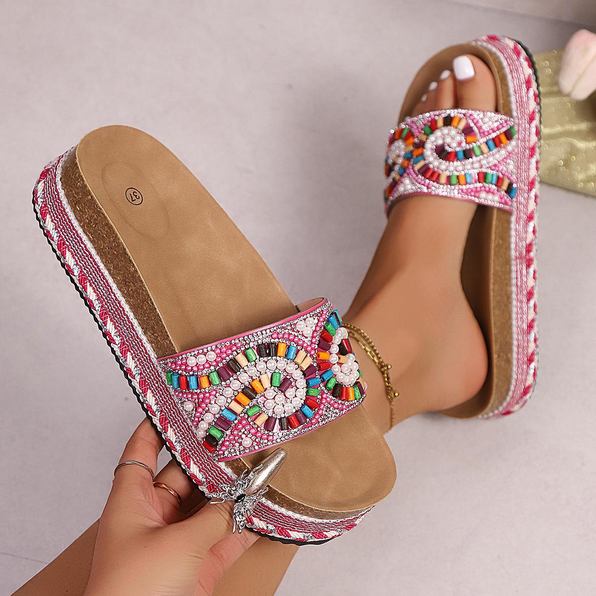 Women's Platform Sandals Summer Beach Slides with Pearl Embellished Cork Wedge Soft Sole Slippers Large Size Comfort Outdoor Shoes Ethnic Style Fashion Footwear for Women