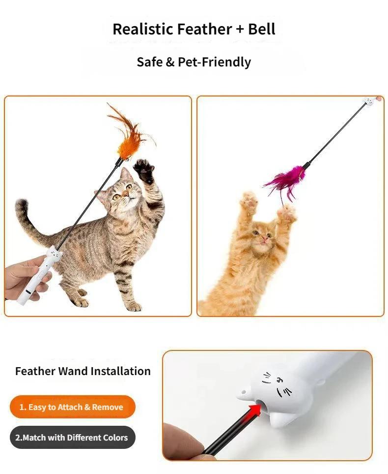 Multi-Function Cat Teaser Wand With Laser & Feather, Rechargeable Interactive Cat Toy With 5 Laser Patterns, Detachable Feather With Bell, Type-C Charging Wand For Indoor Cats, Daily Enrichment Play For Kittens & Adult Cats