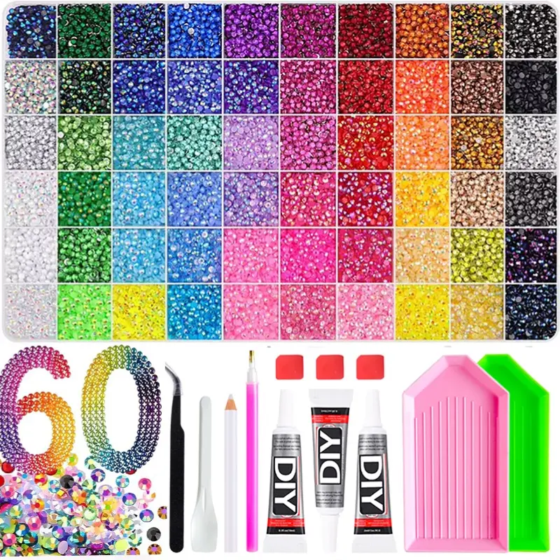 Vibrant Shimmering Sparkling Shiny Bedazzling Kit 60 Grids colorful Flatback Rhinestone Complete DIY Kit, Iridescent AB Crystal Rhinestones with  Full Pick Tools, for Nail Art, Bling Tumbler, Phone Case, Costume, Handmade Craft Decoration Supplies Gifts