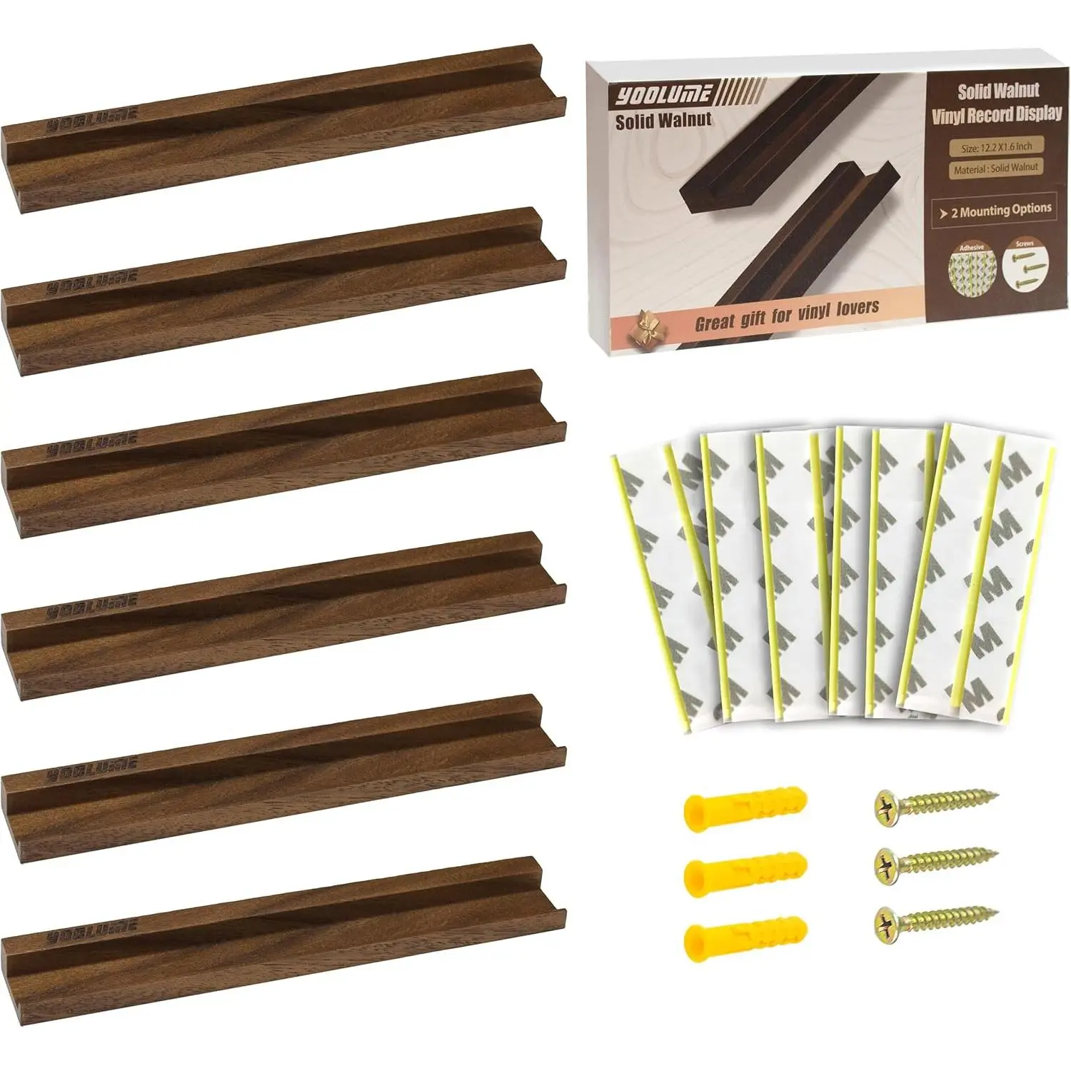 Vinyl Wall Mount No Drill with 2 Mount Options(Adhesive & Screws), 6 Pack Solid Walnut Wood Record Display No Screws, Record Shelves for Wall, Album Magazine, Record Shelf, Vinyl Holder Wall