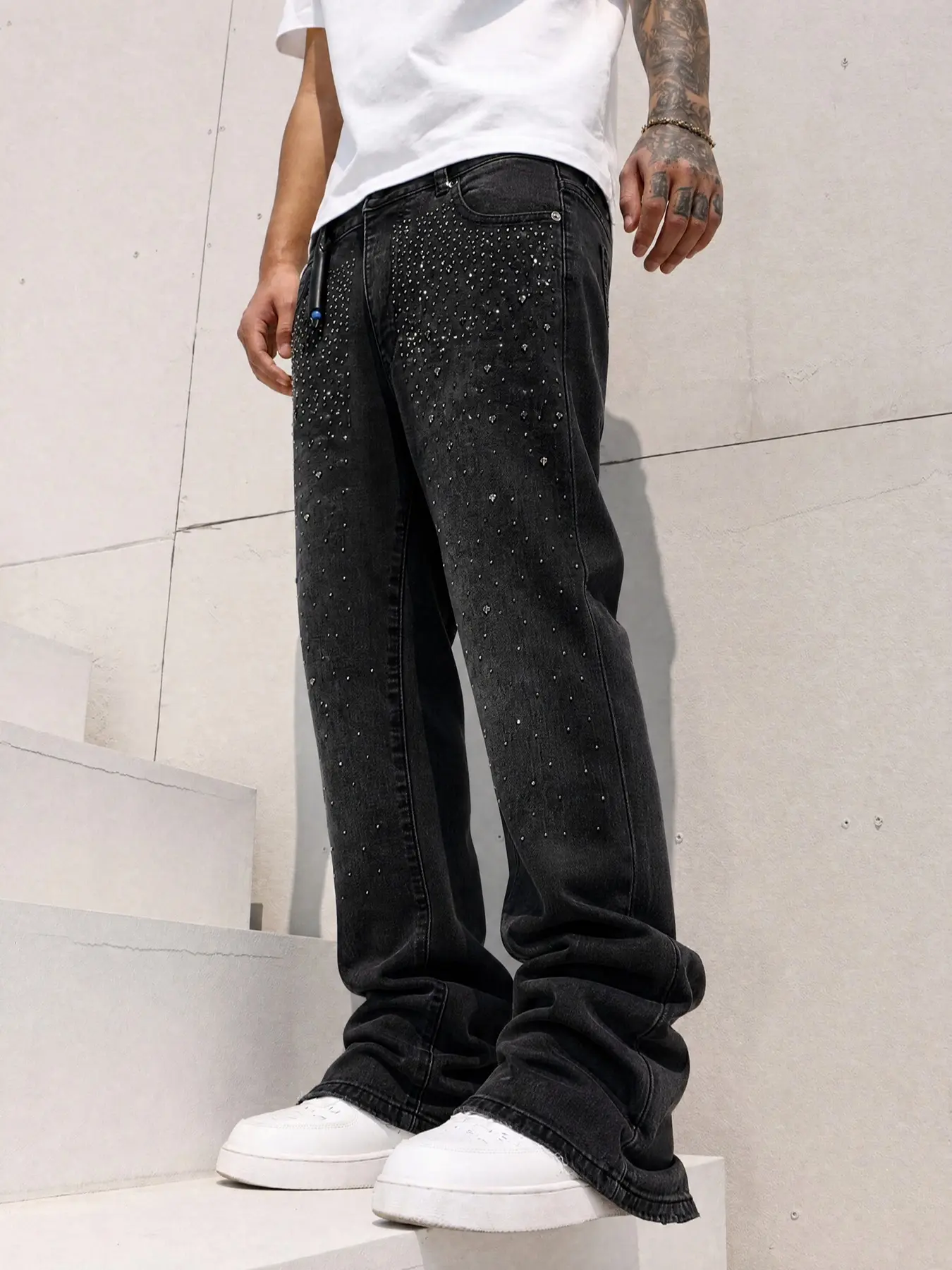 Men's Washed Rhinestone Micro Flare Jeans, American High Street Full Rhinestone Loose Hanging Long Pants, Y2K Hip Hop Embellished Wide Leg Jeans