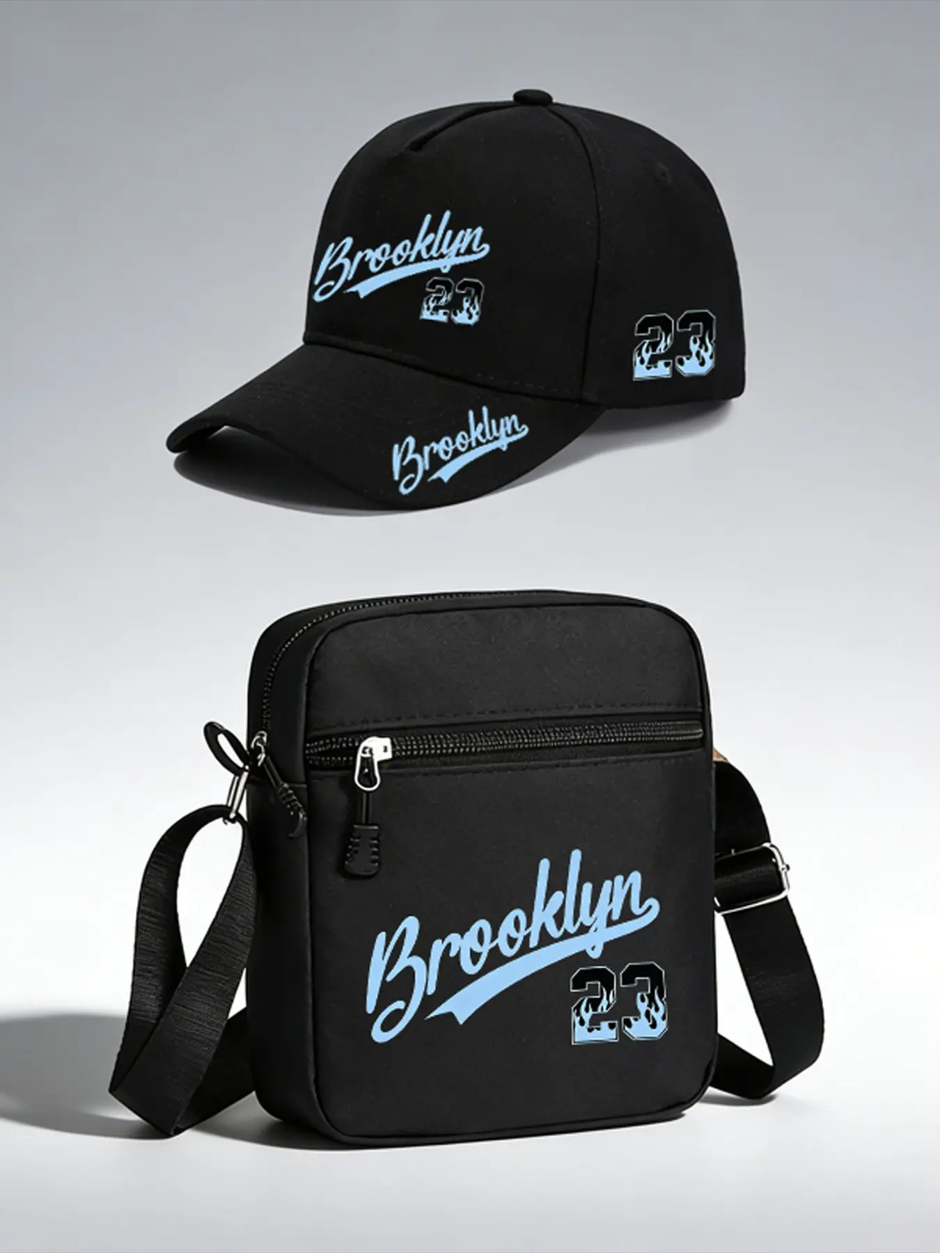 Brooklyn 23 Blue Flame Letter Print Baseball Cap and Crossbody Bag Set, Adjustable Street Fashion Hat and Backpack, Perfect for Daily Wear and Gifts