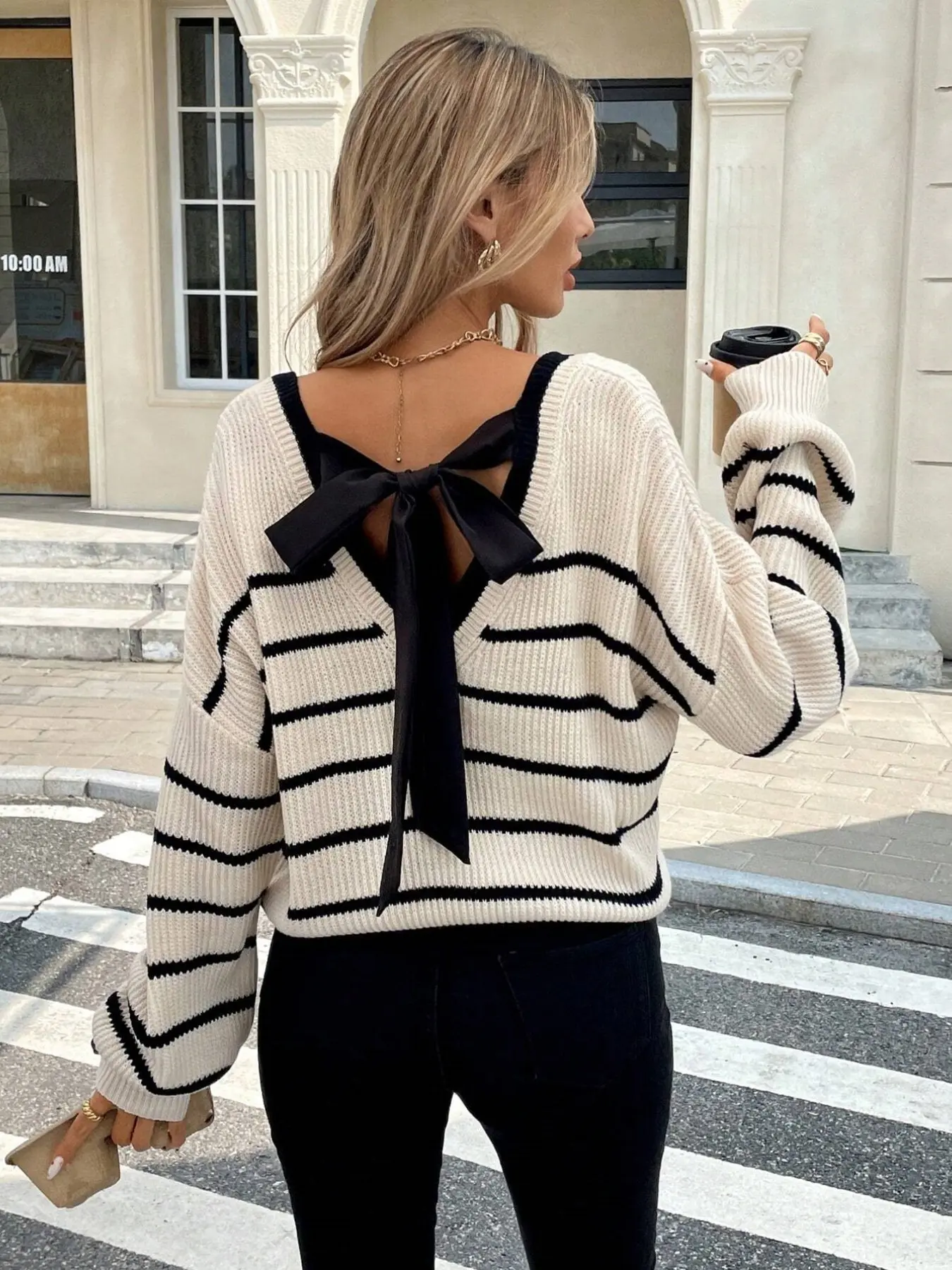 French Style Backless Ribbon Bow Striped Knit Sweater, Loose Fit Pullover, Casual Fashion Top, Women's Comfortable Clothing