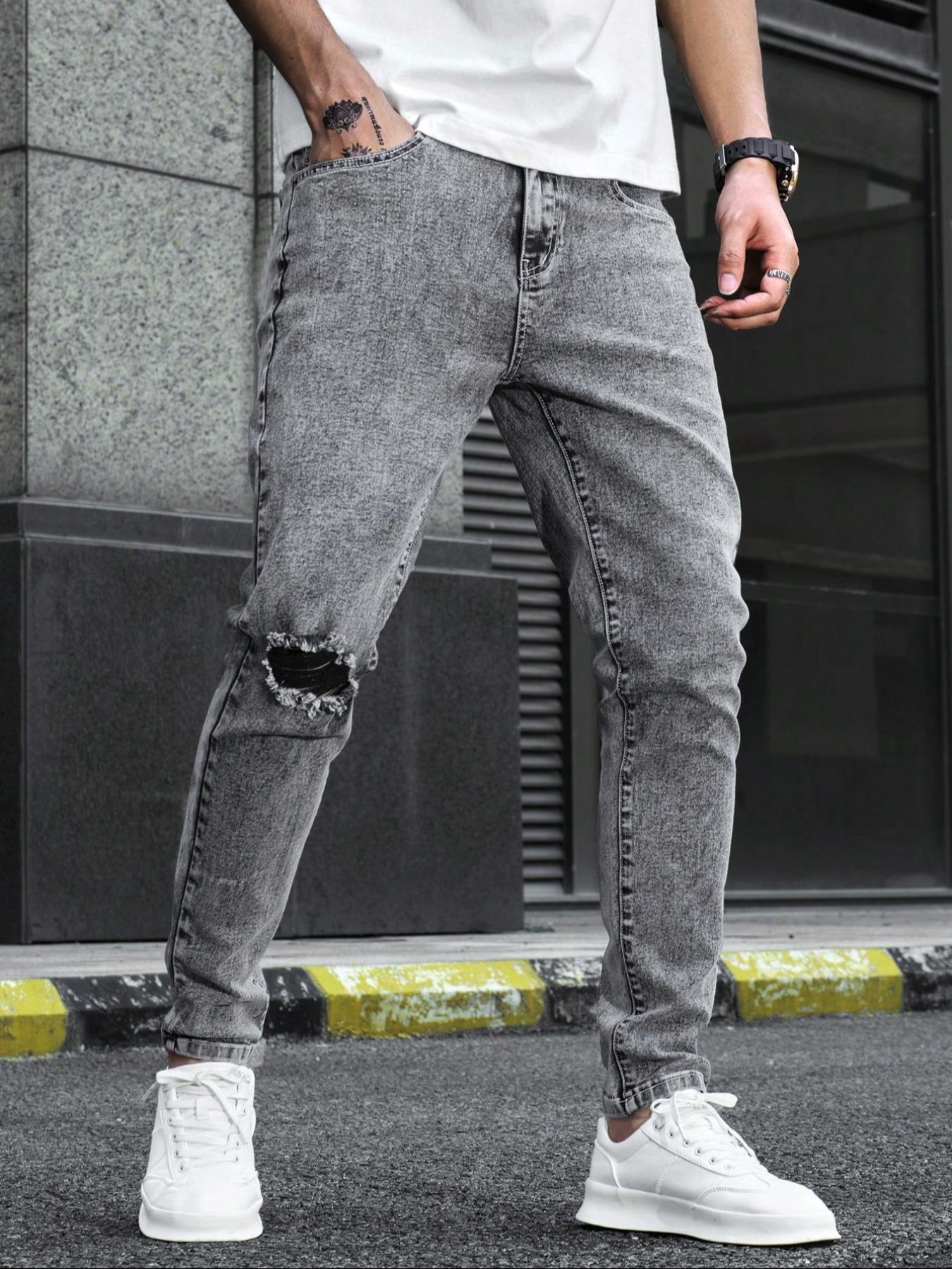 Men's Regular Fit Solid Color Ripped Skinny Jeans, Casual Comfy Denim Pants for Daily Wear, Fashion Men's Bottoms for All Seasons, Menswear, Streetwear, Denim Trouser