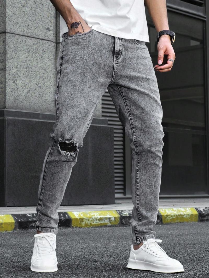 Men's Regular Fit Solid Color Ripped Skinny Jeans, Casual Comfy Denim Pants for Daily Wear, Fashion Men's Bottoms for All Seasons, Menswear, Streetwear, Denim Trouser