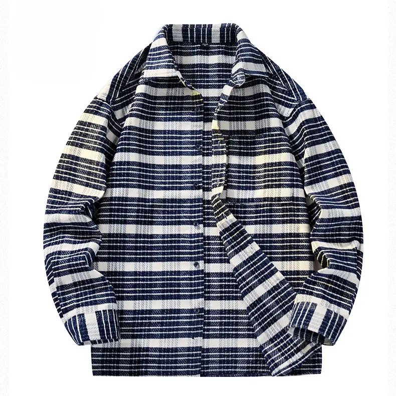 Men's Jacquard Horizontal Striped Flannel Shirt - Turn-Down Collar, Pockets, Loose-Fitting Long Sleeve, Menswear, Cotton Blend, Medium Length, Machine Wash, American-Japanese Style Casual Top for Everyday Outdoor Layering, Striped Print