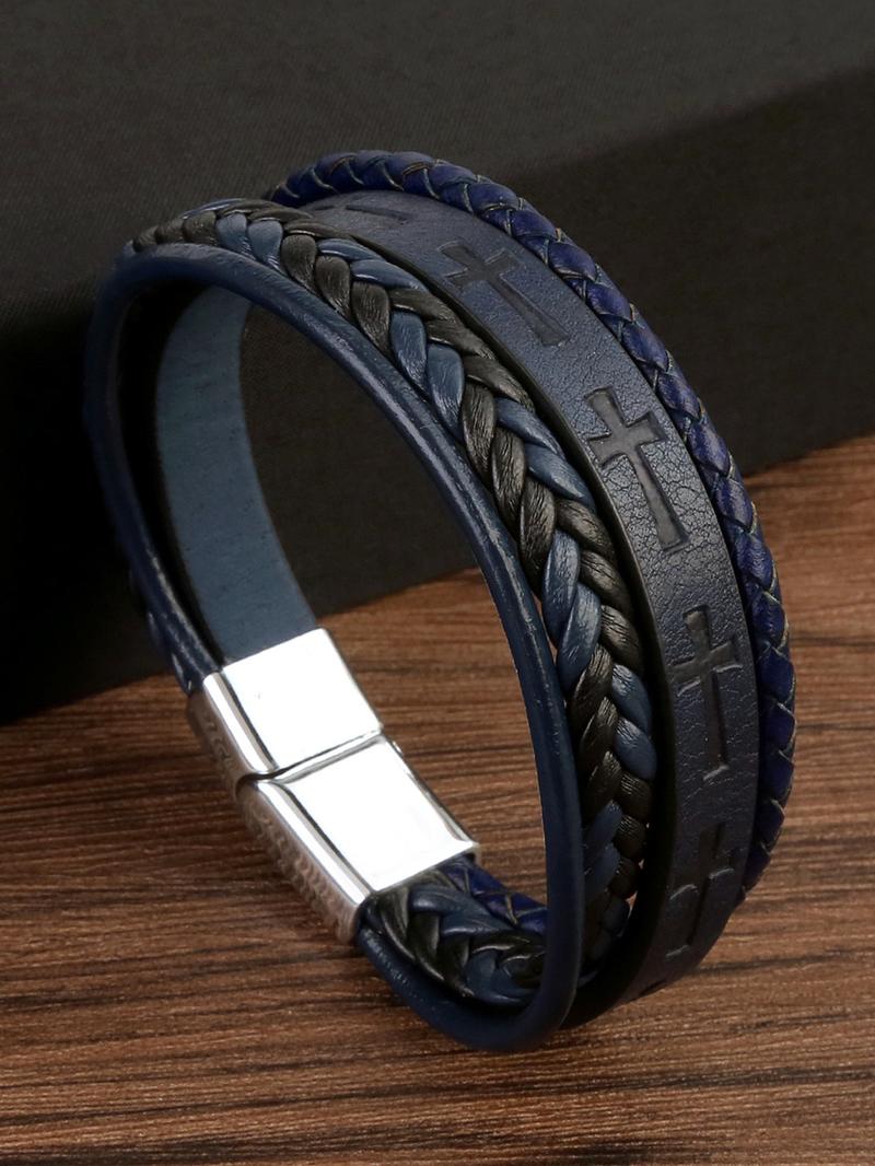 Men's Vintage Cross Design Braided Leather Bracelet, Street Style Party Jewelry Accessories, Daily Clothing Decor, Birthday Holiday Gift