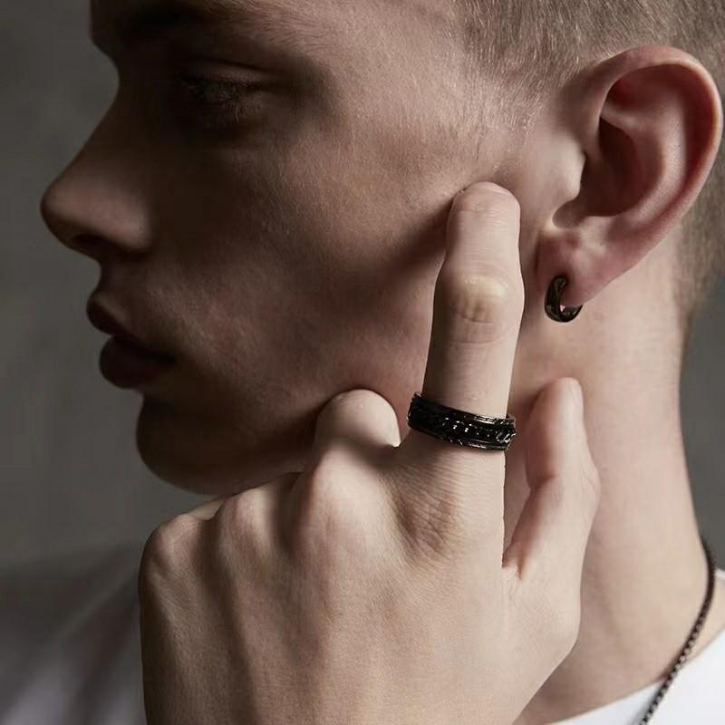 Anxiety Spinner Ring Stainless Steel Rotating Men's Ring Embossed Chain Fidget Band