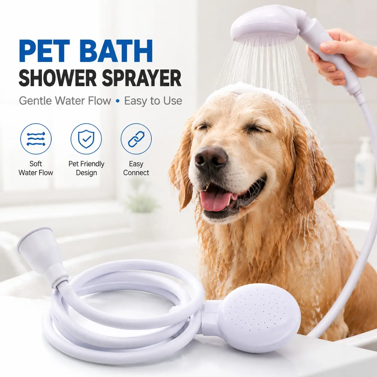 Pet Bathtub Faucet Sprayer, No-Installation Dog Shower Hose Attachment, 51.18ft Ultra-Flexible Hose, Universal Fit for Pet Grooming, Hair Washing & Baby Bathing