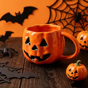 Halloween Crinkle Pumpkin Ceramic Cup, 400ML Creative 3D Pumpkin Face Mug, Perfect for Milk, Coffee, Juice, Tea, Halloween Gifts