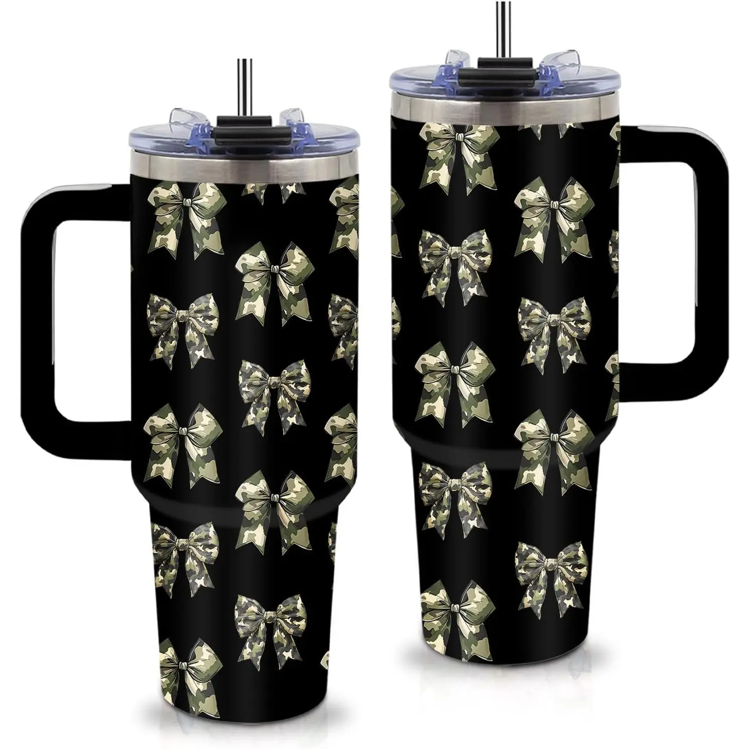 Camo Bow Tumbler 40 oz - Camouflage Bow Tumbler with Handle and Straws, Leak-proof, BPA-free, Insulated Stainless Steel Tumblers, Travel Coffee Mugs - Bowknot Lovers Birthday Gift Cup for Women