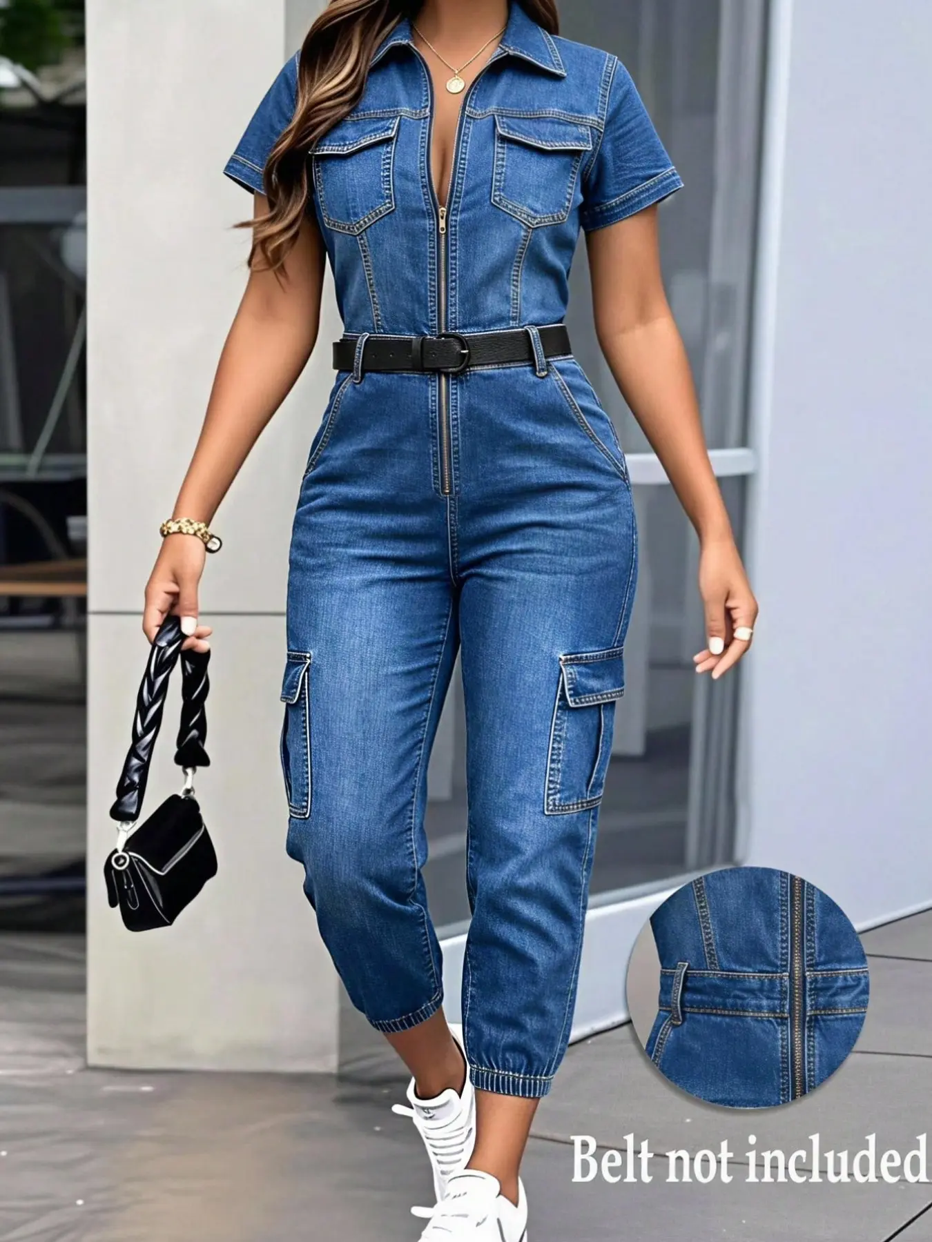 Y2K Style Casual Zipper Denim Jumpsuit, Side Multi-Pocket Utility Design, Conical Ankle Fit, Four-Season Wearable