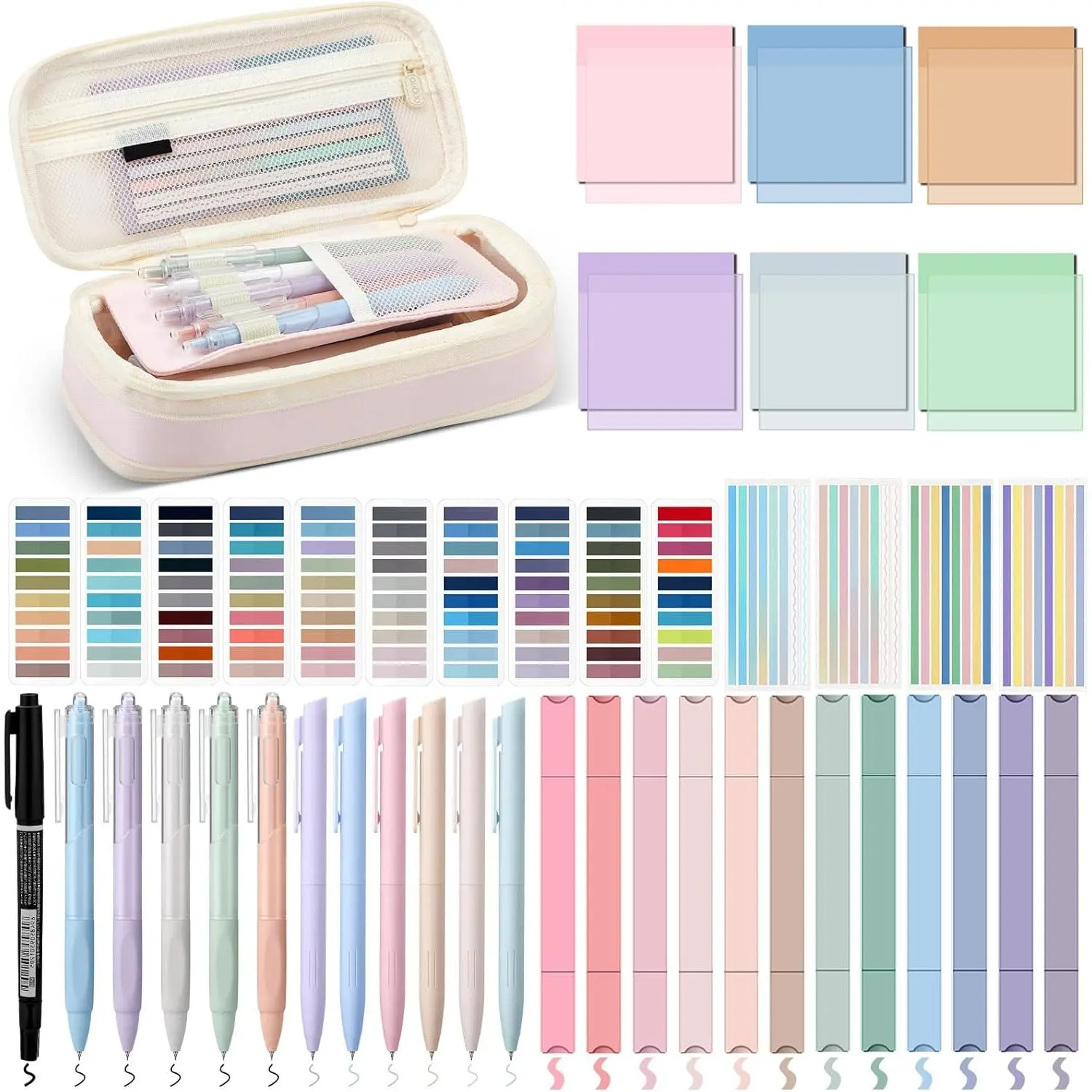 135-Piece Coordinated Book Annotation Study Supplies Kit (Classic) with Pencil Case, 12 Pastel Highlighters, 11 Gel Pens, Fine Marker, 300 Transparent Sticky Notes, 2640 Index Tabs, Coordinated Set, Classic Size
