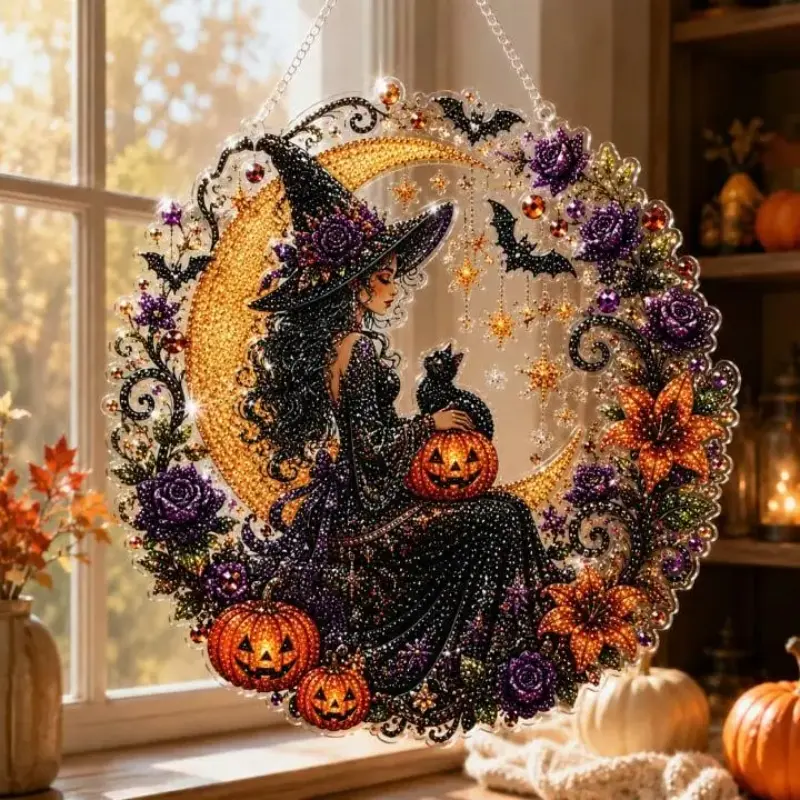Halloween Black Cat Witch Handmade DIY Diamond Art Hanging Decoration Kit, Cute Handmade Craft Double sided Diamond Paintings, Festivals, Parties, and Home Decoration