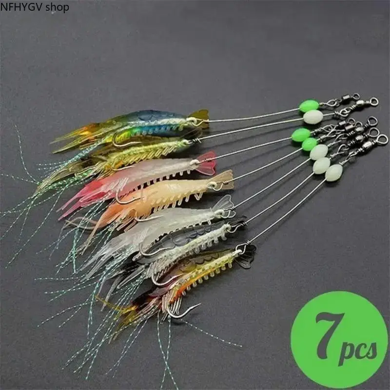 Glow In The Dark Fishing Lures, 7 Pcs Luminous Bionic Imitation Shrimp Lure Set With Sharp Hooks Realistic Durable Artificial Shrimp Bait, Waterproof Wear Resistant Fishing Tackle for Freshwater Saltwater Anglers Outdoor Fishing