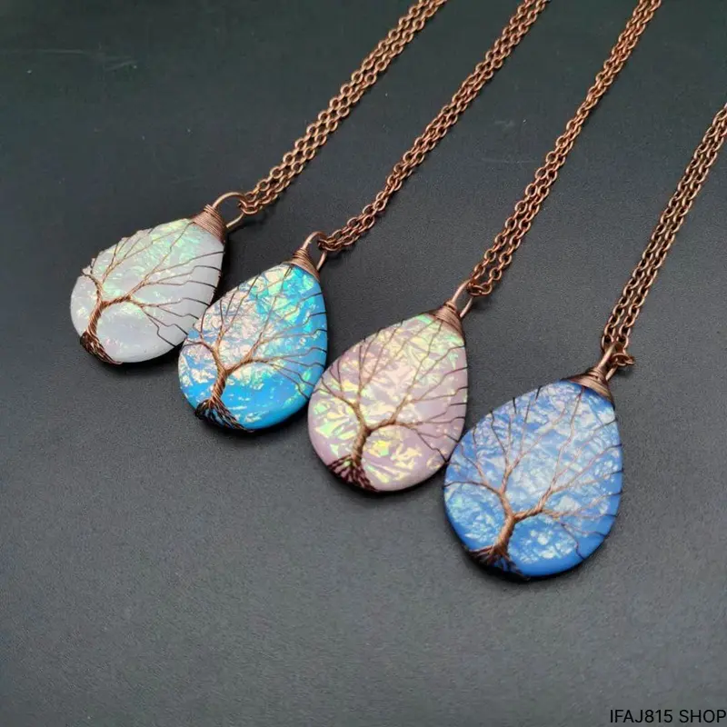 Women's Vintage Tree of Life Statement Necklace - Handmade Copper Wire-Wrapped Pendant, Color-Changing Resin Waterdrop Charm, Boho Crystal Healing Spiritual Divine Feminine Jewelry for Daily Wear, Meaningful Gifts, Spiritual Jewelry, Resin Charm