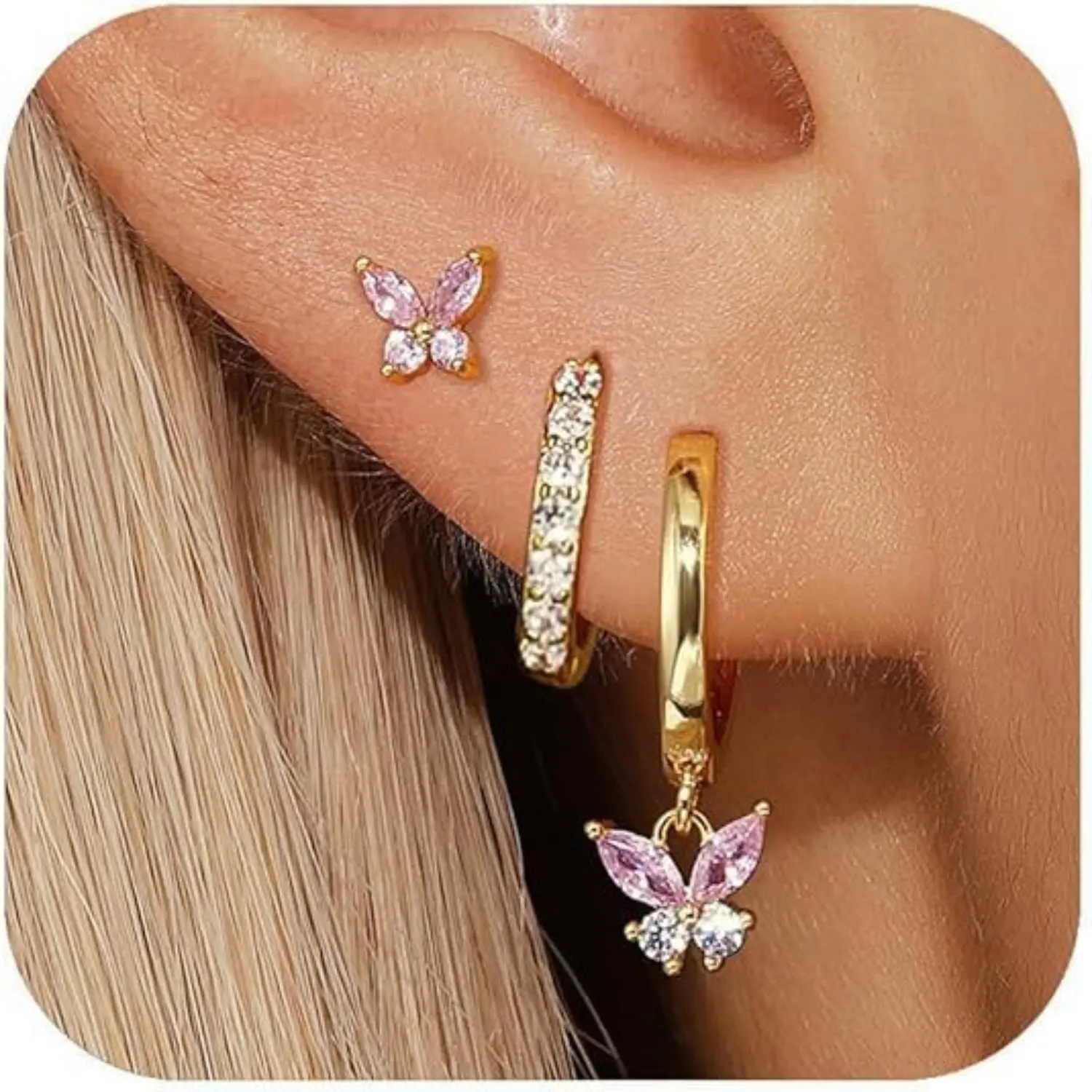 6PCS Butterfly Ear Stack Earrings Set for Women, Pink Crystal Stud & Gold Huggie Hoop Earrings, Cute Coquette Jewelry