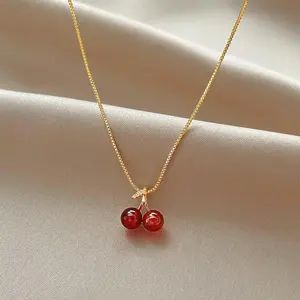 Women's New Wine Red Cherry Gold Color Pendant Necklace - Personality Fashion Jewelry for Wedding, Birthday, Graduation Gifts