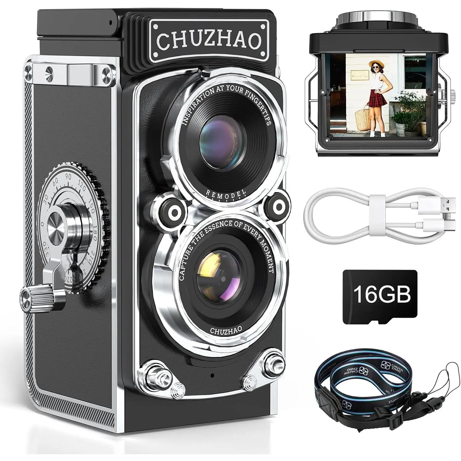 CHUZHAO Retro Portable Mini Digital TLR Camera - 12MP Photo, 1080P FHD Video, Auto Focus, Black (Point & Shoot Digital Camera for Phones & Electronics Photography)