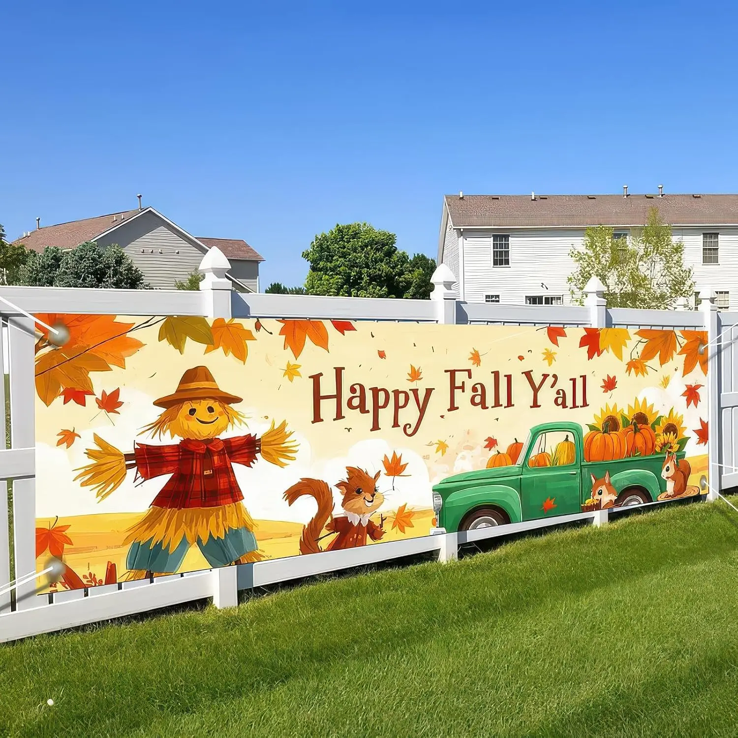 Happy Fall Garden Fence Banner 118 x 20 inchs Autumn Thanksgiving Outdoor Decoration Green  Pumpkin Holiday Harvest Welcome  Backdrop for Garden Fence Yard Lawn Porch