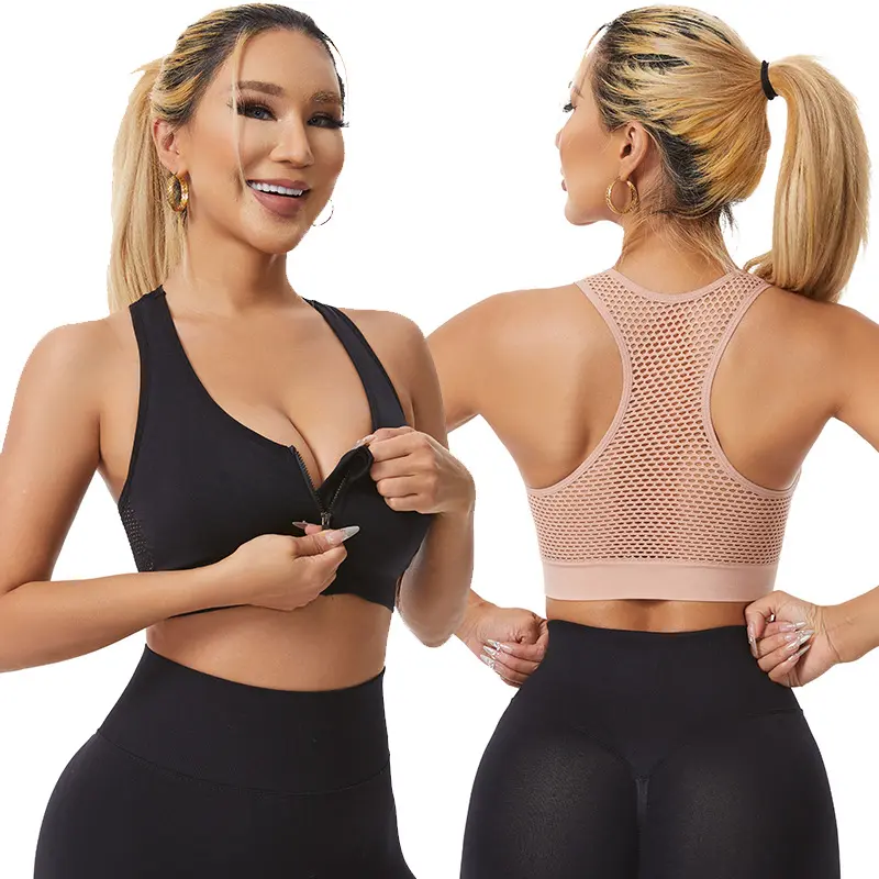 Front Zipper Yoga Sports Bra Hollow Mesh Breathable Large Size Wireless Sports Bra Beautiful Back Women High Impact Support for Running Workout Gym Fitness