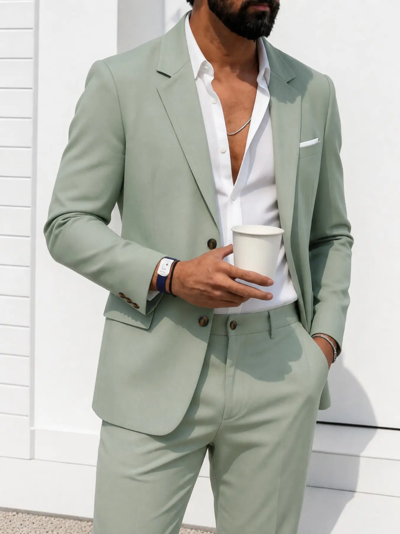 Men's Mint Suit Set, Casual Slim Fit Blazer & Pants, Long Sleeve, Semi-Elastic Waist, Spring Fall, Comfortable Wrinkle-Resistant Fabric