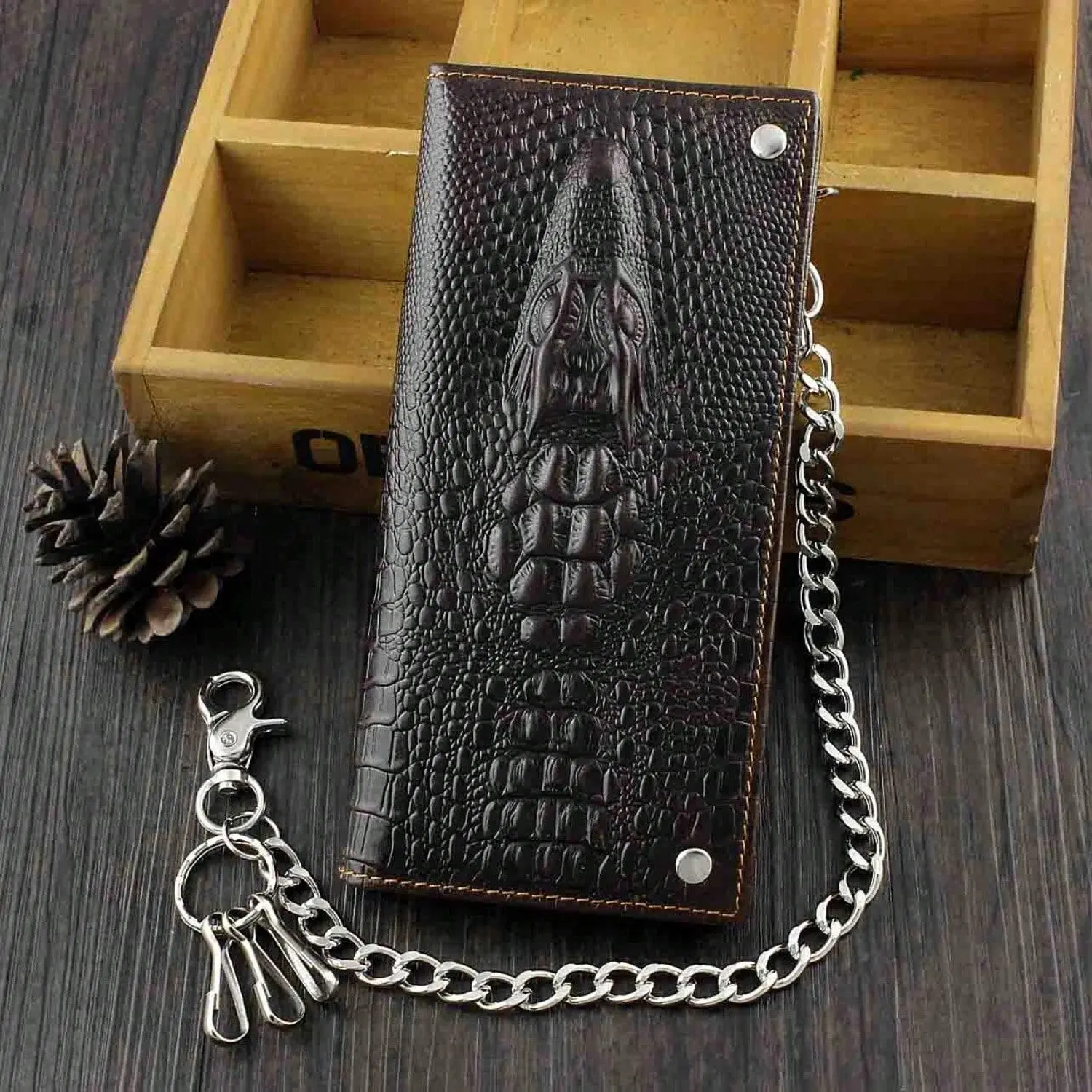 Mens Long Head Motorcycle Punk Leather Wallet With a Biker Chain