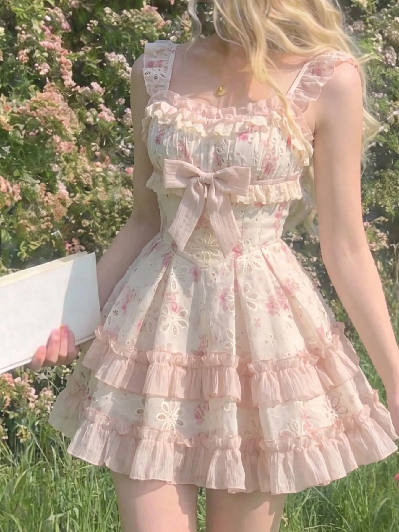 Cream Base Pink Floral Embroidered Hollow Lace Trim Straps with Big Bows, High-Waisted Multi-Layer Ruffled Spliced A-Line Short Women's Pastoral Lolita Dress, Suitable for Picnics and Parties