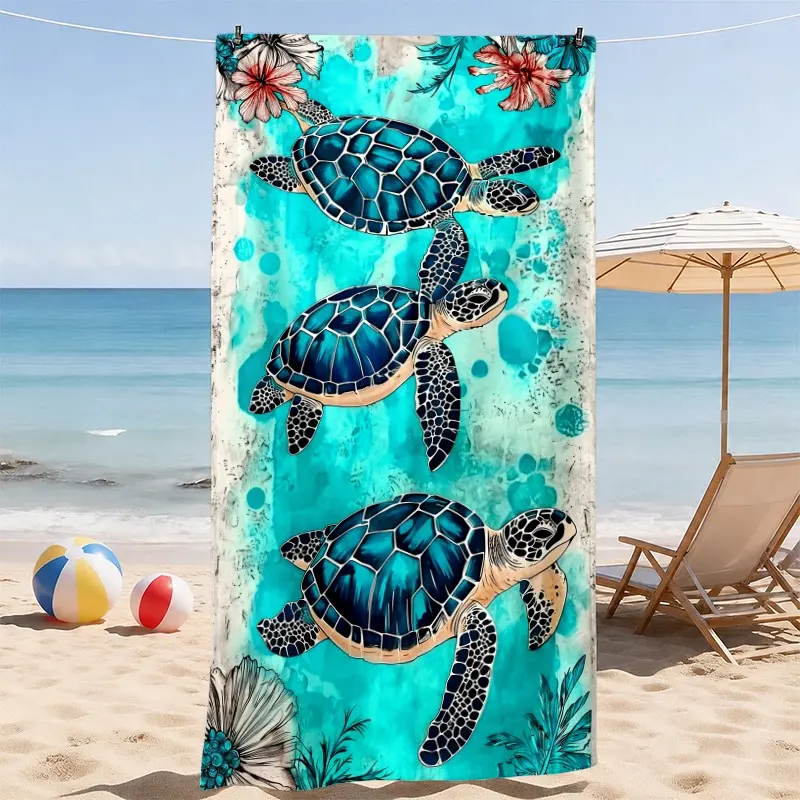 Tropical Turtle Floral Beach Towel, Ocean Animal Watercolor Pattern, Soft Absorbent Quick Dry, Ideal for Beach Pool Travel Camping Outdoor Use