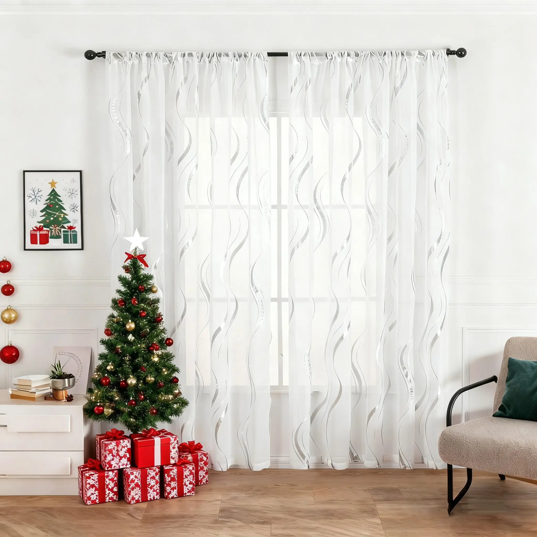2-Pack Fashion Striped Silver Color Window Curtains, UV Protection, Privacy Shield, Holiday Decor for Bedroom Living Room Dining Room