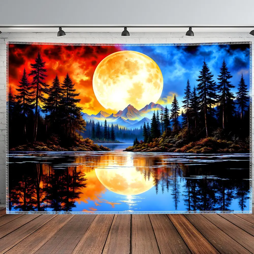 2D Flat Moonlit Forest Lake Banner | Dreamy Mountain & Moon Nature Wall Backdrop | Single-Sided Polyester | Metal Grommets for Easy Hanging | Perfect for Living Room, Bedroom, Home Office, Photography Studio, Meditation Room & Nature-Themed Decor