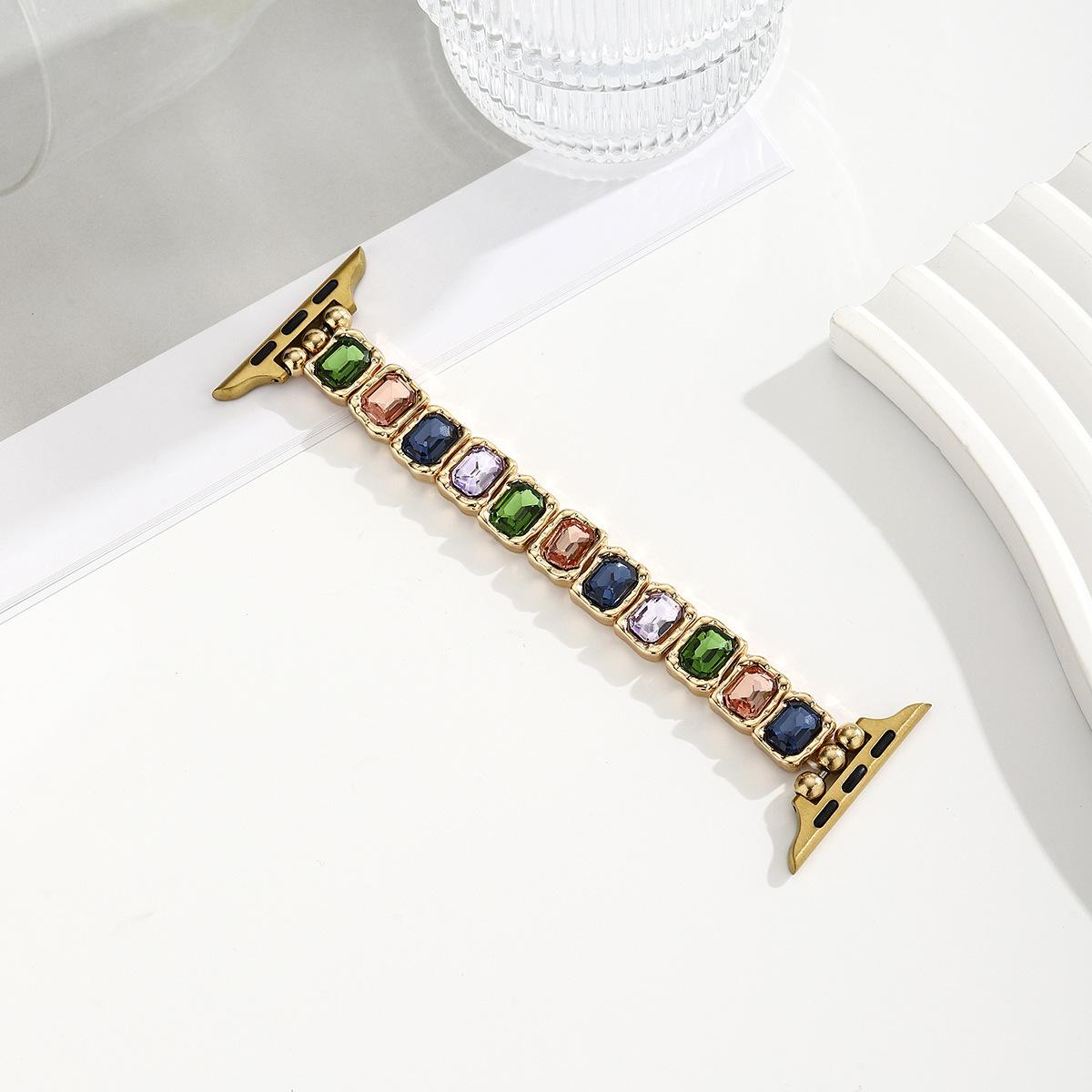 Apple Watch Gemstone Bracelet Band – Elastic Stretch Beaded Design with Metal Details, Fits 38–49mm, Elegant Jewelry Strap for Women