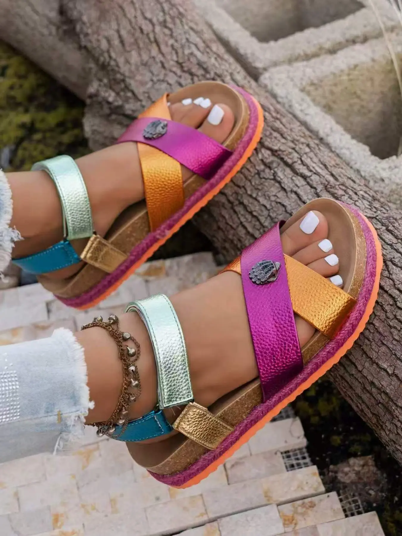 Rainbow Color Block Heeled Sandals for Women, Velcro Back, Thick Sole, Summer Lightweight, Non-Slip, Beach Vacation, Casual Height-Boosting Slippers