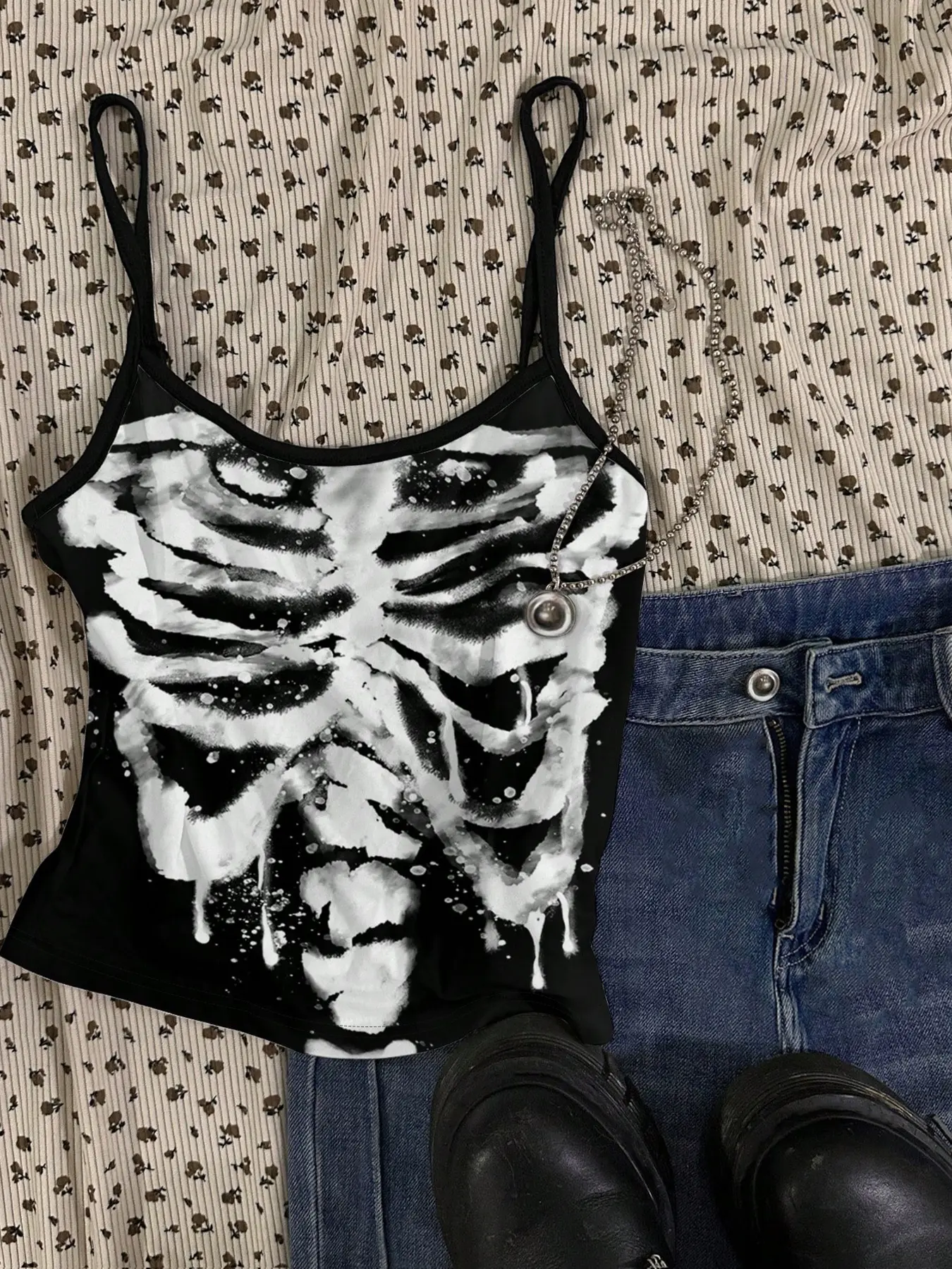 Womens Cami Top Black White Skeleton Print Goth Aesthetic Y2K Aesthetic Streetwear Baddie Style Gen Z Women Young Women Daily Wear Music Festival Date Night Street Outing Party Womens Tops Apparel