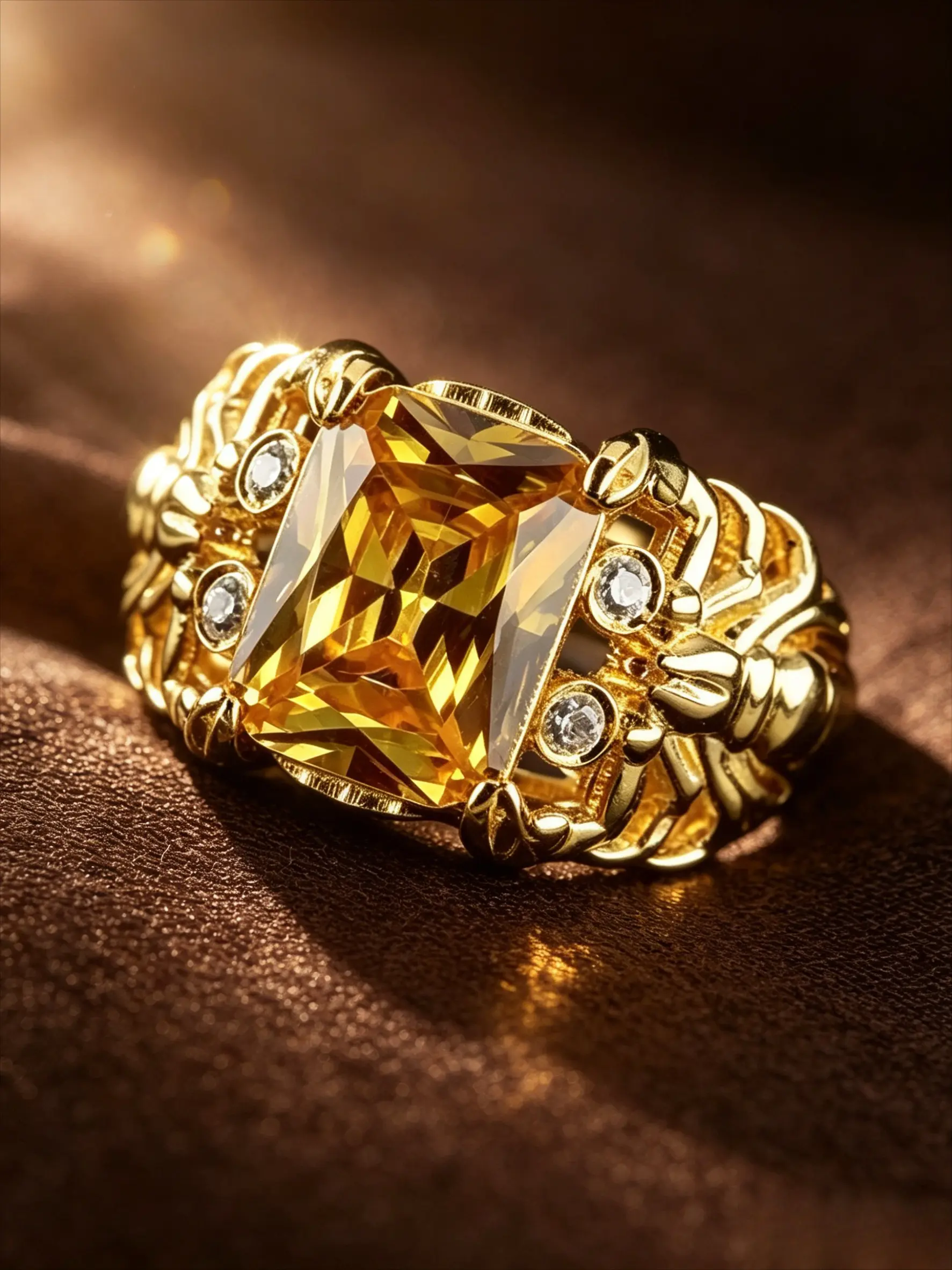 Gold Plated Rectangular Yellow Cubic Zirconia Men's Signet Ring, Radiant Rectangle Rings, 3D Scorpion Hollow Embossed Wide Band Luxury Gothic Street Accessory For Club Party Banquet Travel Valentine Father Birthday Gift For Men