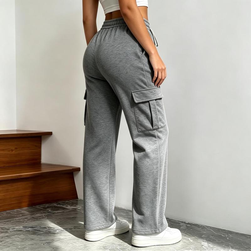 Women's Fashionable Fleece Work Pants, Adjustable Drawstring Elastic Waistband Loose Fit, Straight Leg Pants, Multi Pocket Wide Leg Label Details, Street StyleJogging Pants, Suitable for Indoor and Outdoor Scenes