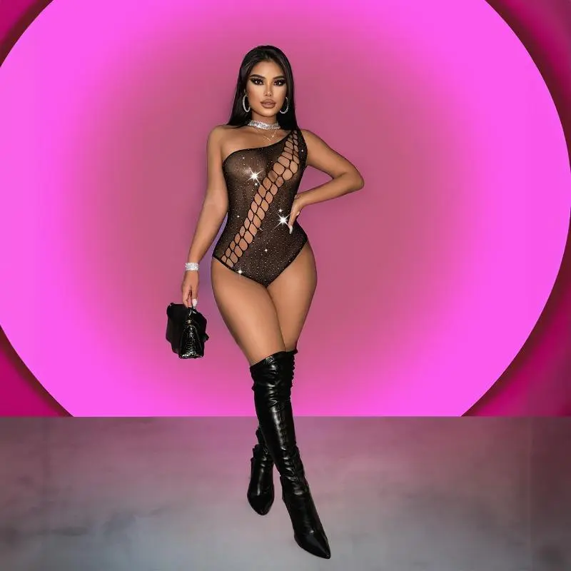Open Back Sheer Rhinestone Black Fishnet Bikini One-Piece Bodysuit