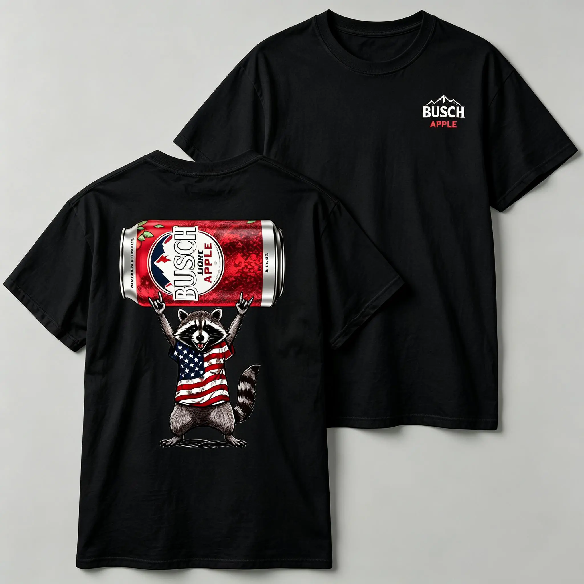 Busch Apple Raccoon T-Shirt,Funny Rocking Raccoon with Beer Can Graphic Tee, Patriotic American Flag Shirt, Unique Summer Party Apparel, Cool Gift for Beer and Raccoon Lovers Aesthetic Fabric
