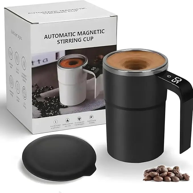 Electric Magnetic Self Stirring Mug with Lid, Automatic Stirring Cup with Digital Display, Rechargeable Self-Mixing Mug for Coffee, Tea, Hot Chocolate (Black),Automatic Mixing Cup w/LCD Thermometer for Milk/Cocoa at Office/Kitchen/Travel