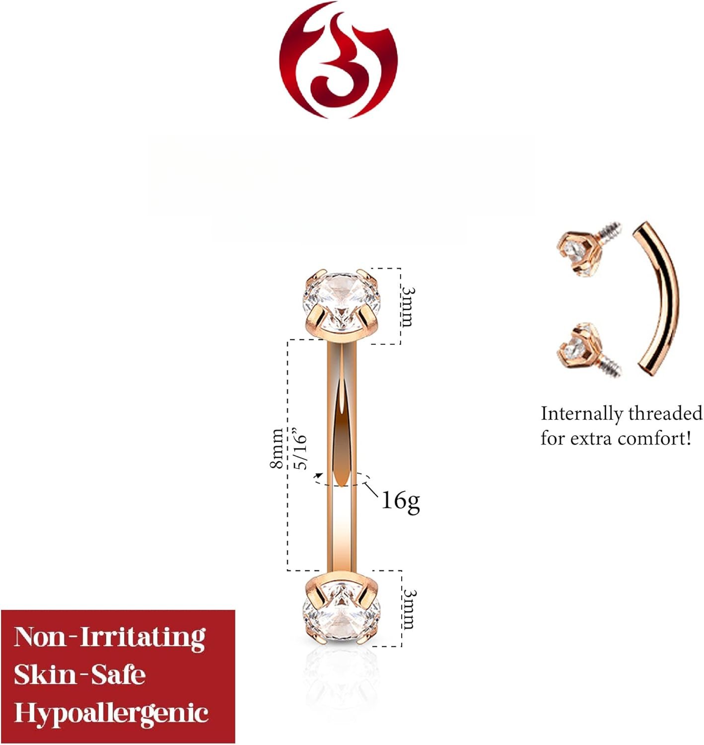 16g 8mm Surgical Steel Internally Threaded Clear CZ Curved Barbell for Daith, Eyebrow & Rook Piercings