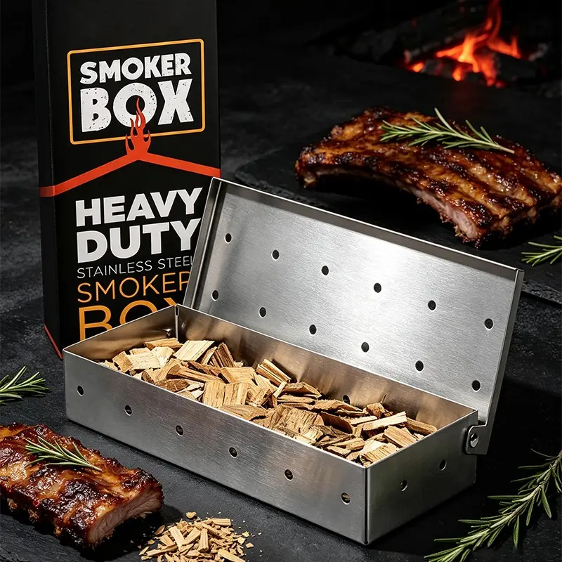 Square Smoker Box Stainless Steel Outdoor BBQ Grill, Wood Smoke Meat Heating Box, Portable Grilling Accessory for Barbecue Enthusiasts